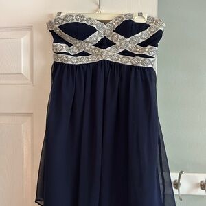 Navy Strapless Dress with Silver Accents